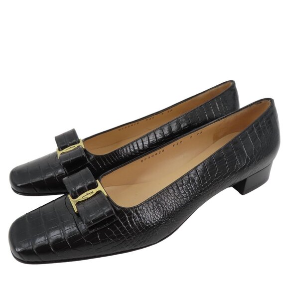 Salvatore Ferragamo Womens 9 AA Black Croco Croc Embossed Gold Pumps Heels Shoes - Picture 1 of 14
